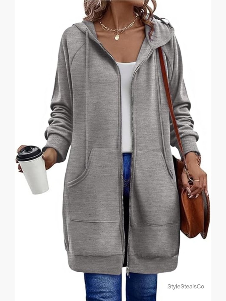 Oversized Fleece Zip Up Hoodie Tunic Sweatshirt With Pockets Long Sleeve